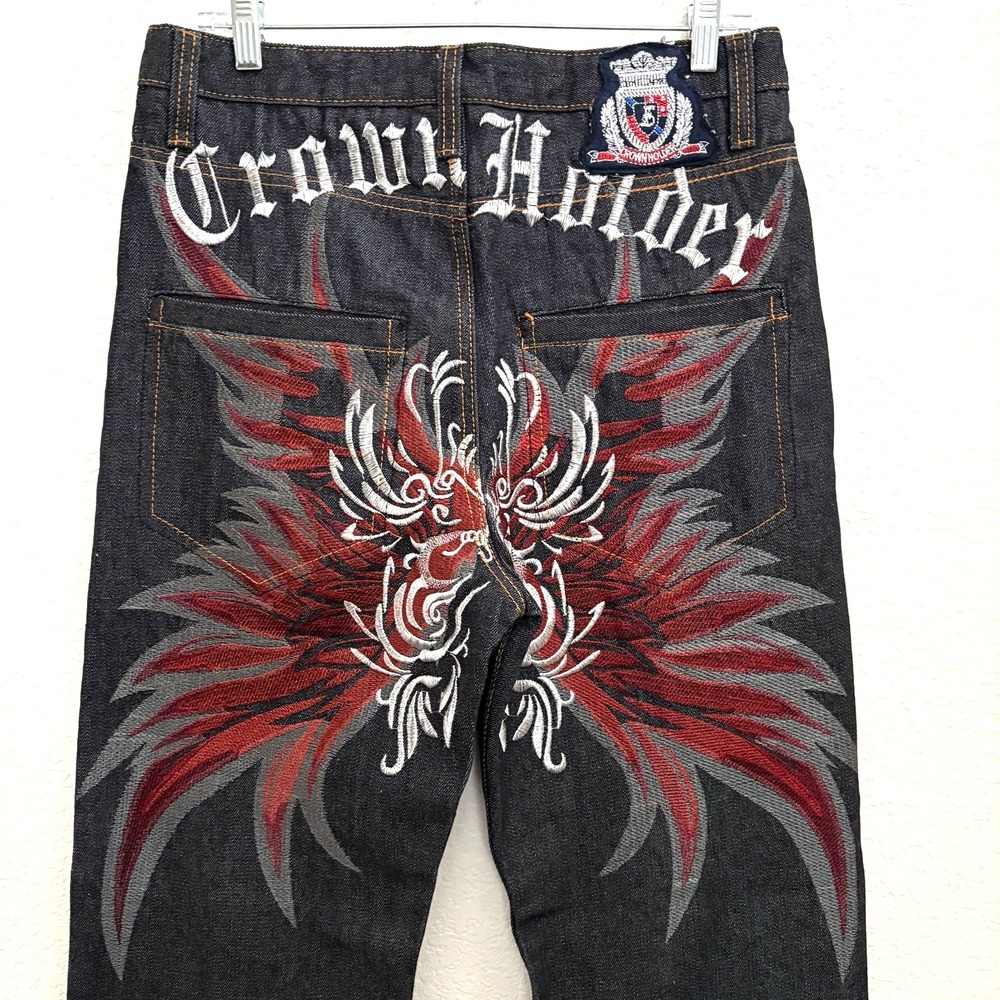 Vintage New Crown Holder Mens embroidered Jeans 32x32 Y2K Hip Hop Dark Wash